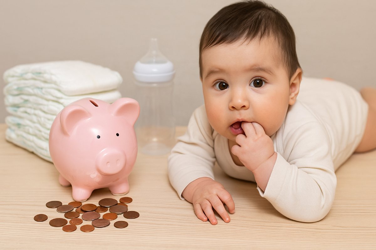 baby with piggy bank and coins and expensive baby items like diapers and bottles in background