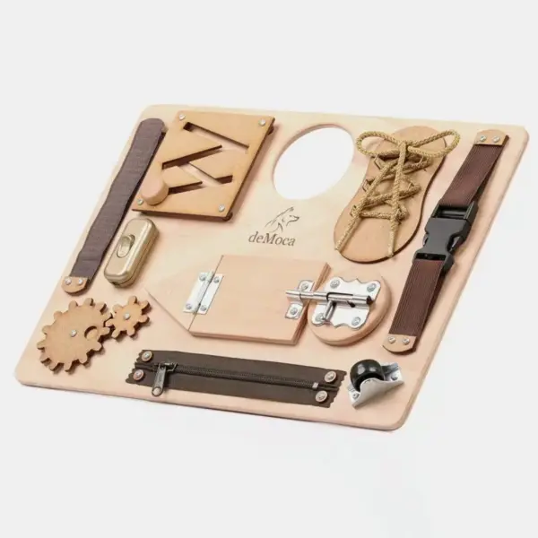 demonstration of Montessori busy board latches zippers buckles